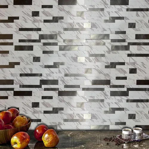 Vista 6 de 10 calcomanías de pared de mosaico de metal de PVC, mármol blanco Mármol blanco+gris esmerilado-2