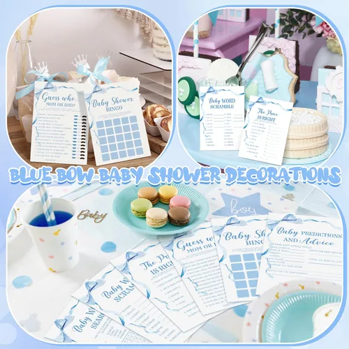 Vista 6 de Ctosree 302 Piezas Juegos de Baby Shower Azul Lazo Precio es Correcto Baby Shower Señales Acuarela, 6 Juegos, 50 Hojas Cada Uno, Predicciones