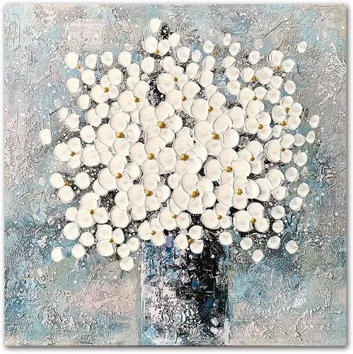 Vista 10 de Waowumar Lienzo decorativo de flores para pared, diseño de dalia azul y gris, pintura contemporánea con textura floral para decoración