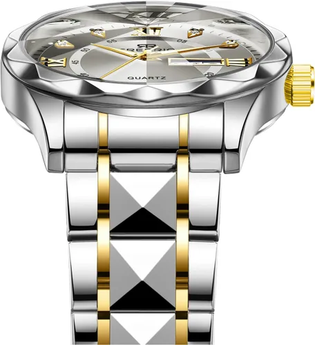 Vista 4 de Watch for Men Stainless Steel Waterproof Diamond Business Dress Analog Quartz Luminous Date Two Tone Luxury Casual Wrist Watch