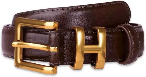 Vista 118 de Cinturón de cuero clásico con hebilla de metal para mujer con vestido de jeans