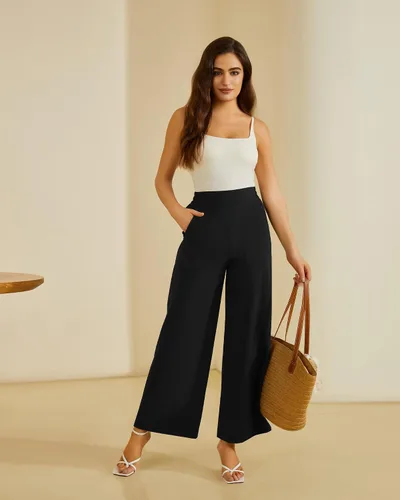 Vista 2 de FireSwan Pantalones de Trabajo de Pierna Ancha para Mujer Cintura Elástica Alta Vestido Pantalones Palazzo Pantalones con Bolsillos con Cremallera