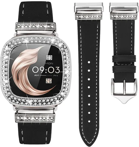 Vista 14 de Correa de cuero compatible con Fitbit Sense 2/Versa 4 para mujeres, elegante correa de cuero con hebilla metálica en forma de D con strass con funda