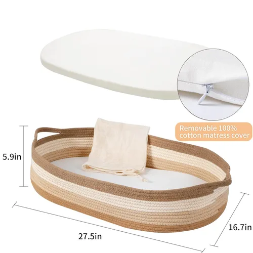 Vista 3 de Cesta cambiador de bebé, cesta de moisés y almohadilla de espuma gruesa con funda de colchón de algodón extraíble, 100% algodón, decoración bohemia