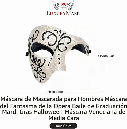 Vista 2 de Máscara de mascarada para hombre, máscara del fantasma de la ópera, máscara de baile de graduación, Mardi Gras, Haloween veneciano, media cara