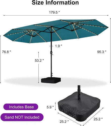 Vista 100 de PURPLE LEAF - Sombrilla de mercado de patio de 13 pies con base rectangular doble cara, sombrilla de mesa para exteriores con manivela, 12 varillas