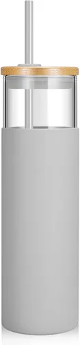 Vista 45 de Tronco Vaso de vidrio de 28 onzas con tapas y pajilla, taza reutilizable para café helado y vaso para batidos con tapa de bambú, funda de silicona