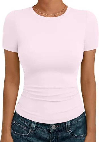 Vista 35 de AUTOMET - Camisetas básicas de manga corta para mujer, para verano, entrenamiento o gimnasio, con cuello redondo, ropa moderna estilo Y2K