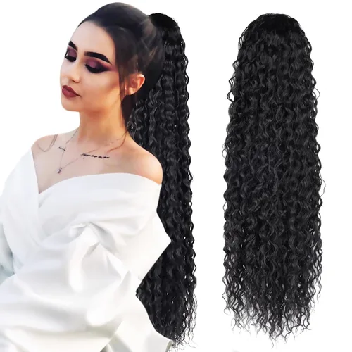Vista 11 de Extensión de cola de caballo larga con cordón sintético de 26 pulgadas, moño rizado 4# Clip en extensión de pelo para mujer