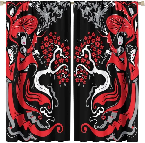 Vista 18 de Cortinas de estilo japonés, Kyoto Geisha Girls Asian Ink Painting - Cortinas de tela de poliéster con estampado de Japón antiguo para dormitorio