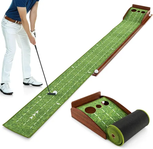 Vista 10 de Tangkula Alfombrilla de práctica de golf de 10 pies, 2/3 hoyos con retorno automático de bola para interiores y exteriores, guías de alineación y 3