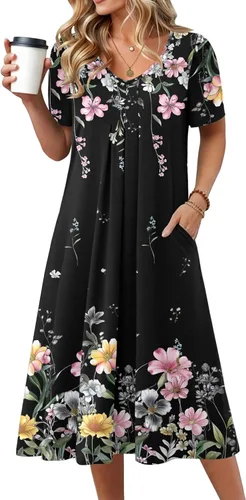 Vista 9 de Zeagoo Vestido de verano para mujer, casual, floral, midi, con bolsillos, cuello en V, plisado, manga corta, estilo alineado, para vacaciones