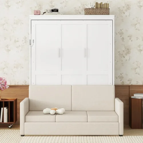 Vista 15 de MERITLINE Cama Murphy horizontal completa con sofá y estantes de almacenamiento, luz LED, madera maciza que ahorra espacio, cama de pared Murphy