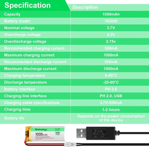 Vista 7 de 2 unids 3.7 V 1000 mAh Li batería con cable de cargador USB 102050 1S LiPo batería con placa de protección cinta de goma aislada y micro JST 2.0