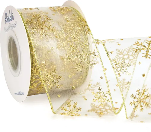 Vista 10 de Ribbli Cinta con alambre de purpurina de copo de nieve, organza dorada transparente con patrón de copo de nieve con purpurina dorada y borde