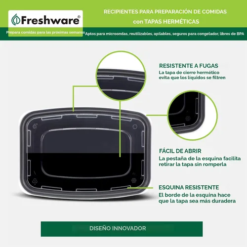 Vista 5 de Freshware Recipientes de preparación de comidas [paquete de 50] recipientes de almacenamiento de alimentos con tapas, caja Bento, sin BPA