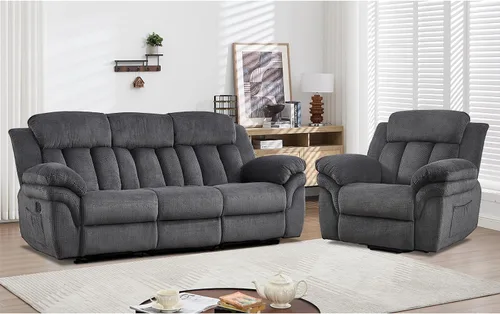 Vista 13 de CANMOV Juego de sofá reclinable, sofá biplaza reclinable manual y sofá de 3 plazas con reposabrazos sobrerelleno para sala de estar, muebles de Gris