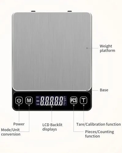 Vista 2 de Báscula digital de cocina, báscula digital de cocina de alimentos de acero inoxidable, pantalla LCD grande, apagado automático, función de tara
