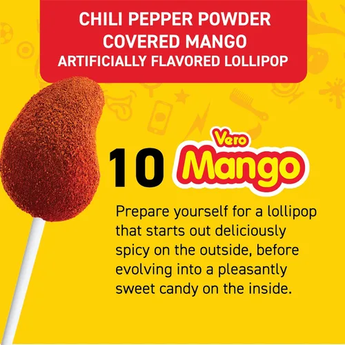 Vista 4 de Vero Paletas con sabor a mango recubiertas con chile en polvo, bolsa de 10 unidades (peso neto: 5.6 onzas), dulces mexicanos envueltos
