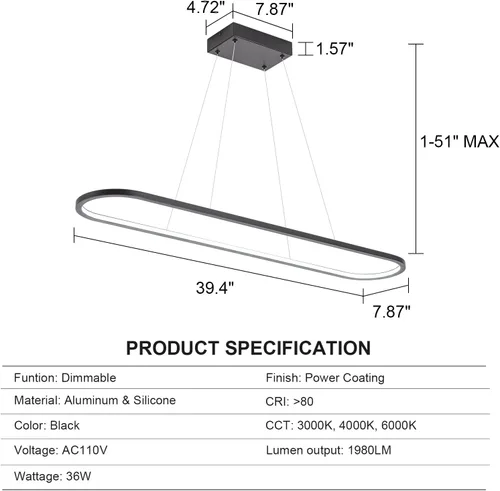 Vista 5 de MADEM Candelabro LED moderno, 39.4 pulgadas, luz lineal negra, luz colgante de mesa de billar, lámpara colgante regulable 3CCT para comedor, cocina