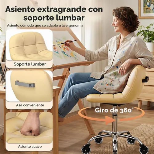Vista 3 de Taburete enrollable con ruedas, taburete ajustable en altura con soporte para la espalda, silla de dibujo de oficina con cojín de piel sintética