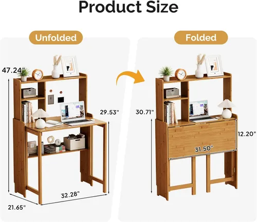 Vista 6 de Escritorio plegable de bambú de 31.1 pulgadas con estantería, escritorio compacto para computadora para espacios pequeños, escritorio plegable