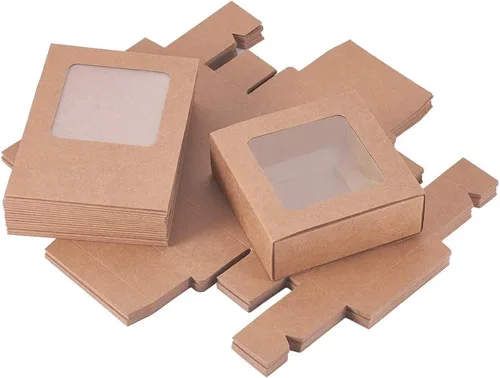 Vista 7 de BENECREAT Paquete de 20 cajas cuadradas de papel kraft de 3.5 x 3.5 x 1.2 pulgadas, caja de cajón con tapa de ventana de PVC para fiesta de Marrón