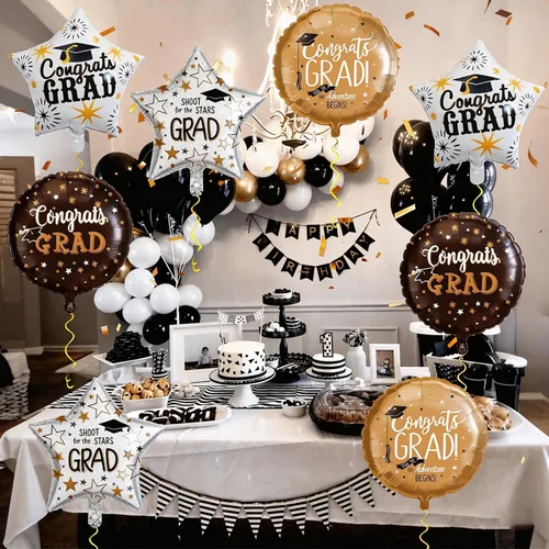 Vista 8 de Juego de decoraciones de globos de aluminio de graduación 2026, 8 globos redondos y de estrella de Congrats 2026 negros y dorados, globos de clase