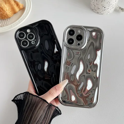 Vista 3 de Caseative Funda para iPhone 13 Pro Max, color negro Galjanoplastia de cromo suave de la burbuja del meteorito de la onda de la ondulación