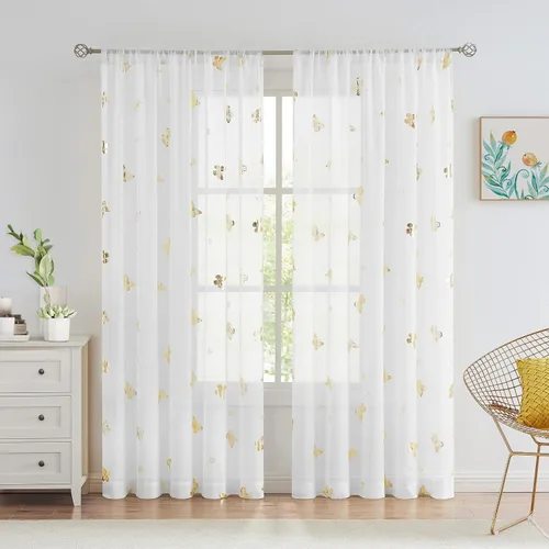 Vista 16 de Jubilantex Paneles de cortinas transparentes de mariposas negras y doradas de 52 pulgadas de ancho para dormitorio de niñas, elegantes cortinas