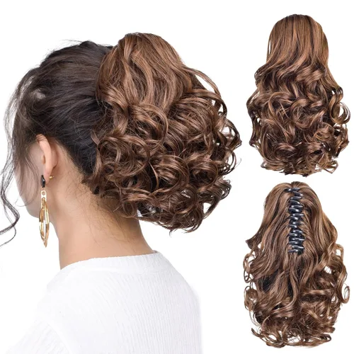 Vista 38 de Cola de caballo con clip, color castaño rojizo, ondulado de 10 pulgadas, extensión de cola de caballo de 3.3 onzas, extensiones de cabello sintético
