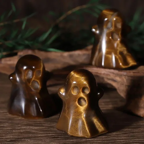 Vista 2 de TUMBEELLUWA 2 figuras de fantasma de Halloween, estatua de cristal tallada, piedra energética, mini escultura coleccionable para decoración
