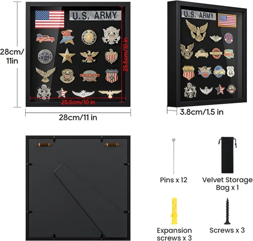 Vista 4 de TJ.MOREE Marco de exhibición de pines, caja de sombra de 11 x 11 pulgadas para pin esmaltado, insignias militares, medallas, parches