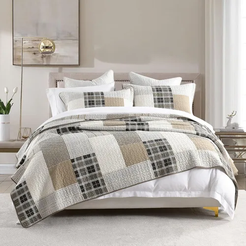 Vista 10 de KALOOLA Colchas de estilo granja tamaño Queen, 100% algodón, colcha acolchada ligera con 2 fundas de almohada, juego de ropa de cama estampada