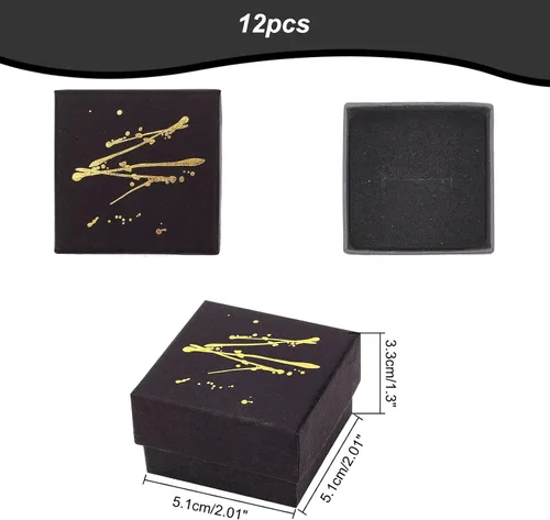 Vista 6 de NBEADS 12 cajas de joyería de cartón, 2 x 2 x 1.3 pulgadas, cajas de joyería de cartón con estampado dorado negro cuadrado negro con esponja negra