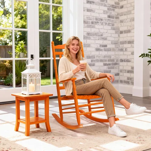Vista 7 de VINGLI Mecedora de madera, silla para exteriores con soporte de 450 libras, balancín relajante con asiento de respaldo alto de madera maciza