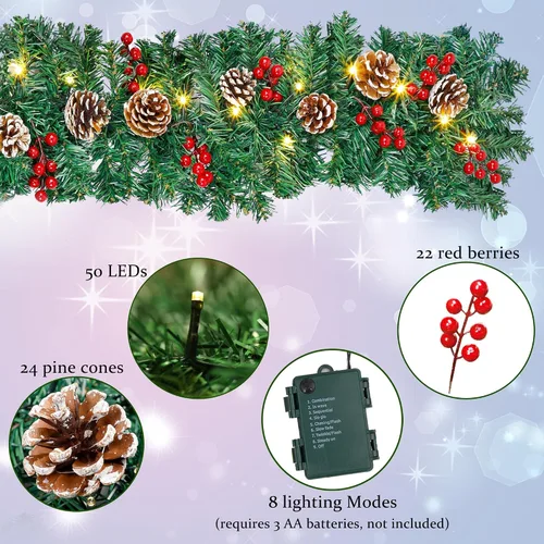 Vista 9 de GUOOU Guirnalda de Navidad Iluminada de 9 Pies (2.7 m), Guirnalda de Navidad a Pilas con Luces, Corona Guirnalda Preencendida para Decoraciones
