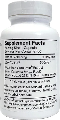 Vista 3 de Longvida Curcumina 500 mg 60 cápsulas – Alta absorción 285 veces más suplemento de curcumina biodisponible sin OMG, vegano y sin gluten, 60 porciones