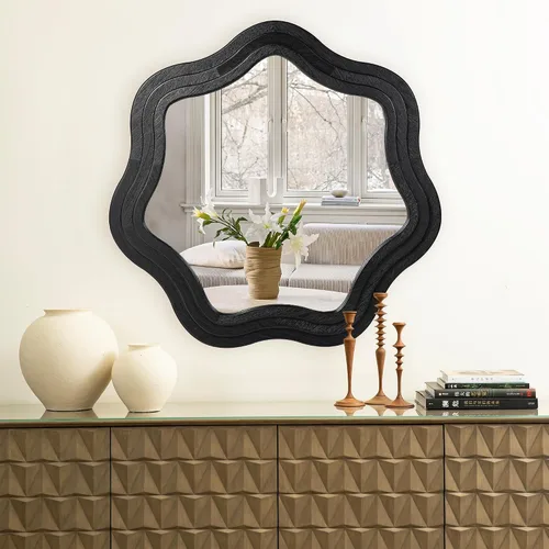 Vista 6 de Glitzhome Wavy Wall Miroor - 33.5''D Round Accent Mirror Decorative or Bedroom Living Room Entryway Hallway, Black Wood Frame