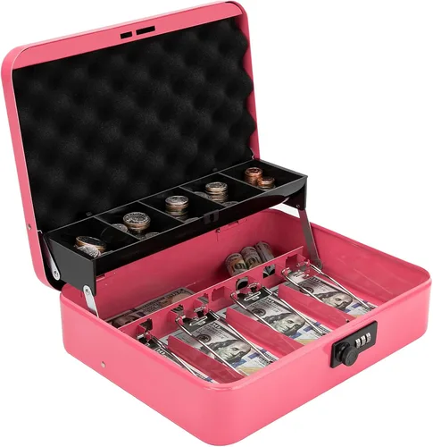 Vista 8 de Caja de efectivo con bandeja de dinero y cerradura, caja de dinero segura para efectivo, caja de bloqueo de metal con combinación, organizador