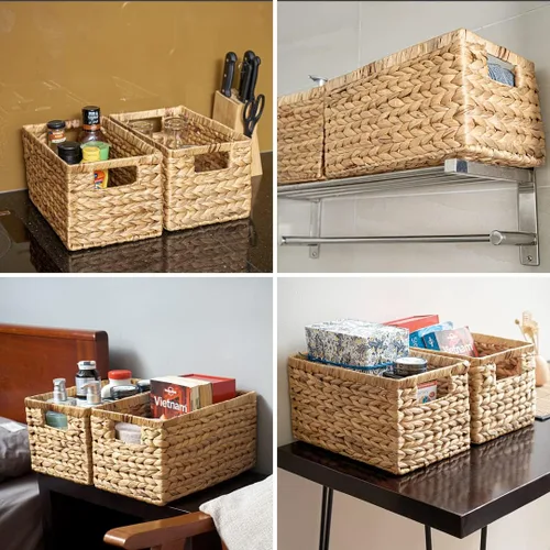 Vista 4 de BARIEN Juego de 6 cestas de almacenamiento tejidas de jacinto de agua natural de 12.6 x 8 x 7 pulgadas, cesta rectangular de mimbre con asas