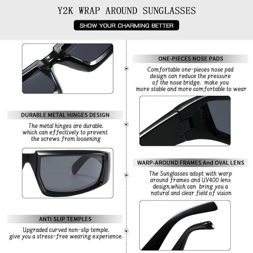 Vista 7 de Dollger Paquete de 2 lentes de sol envolventes futuristas para mujeres y hombres, moda Y2K Biker Rider Visor Shield para deportes al aire libre