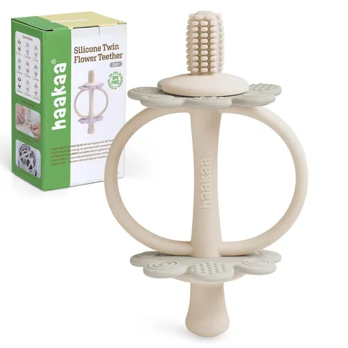 Vista 15 de juguetes de dentición de silicona para bebés haakaa, extremo con forma de pezón para masaje de encías, cabeza de cepillo de dientes de 360°