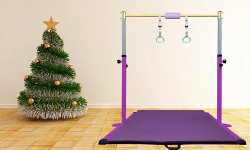 Vista 6 de Adjustable Gymnastics Bar for Kids with Mat - Sturdy Kip Bar with Rings, Horizontal Bar for Home Training, 3'-5' Height, Ages 3-15, 250 LBS