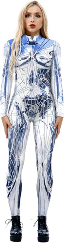 Vista 12 de Disfraz de esqueleto de calavera para Halloween para mujer, overol elástico y ajustado Skull Skeleton Costume Jumpsuits Stretch Skinny Catsuit