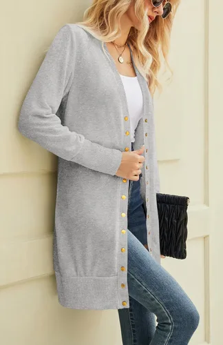 Vista 2 de Halife Womens Long Sleeve Cardigans Lightweight Ribbed Neckline Soft Knit Cardigan Sweater with Buttons