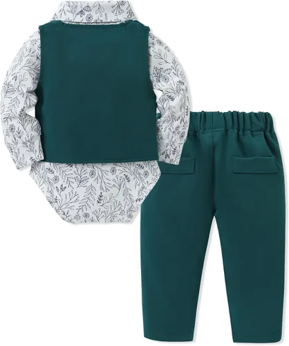 Vista 6 de DISAUR Ropa para bebé niño pequeño, 4 piezas de vestido de caballero + chaleco + pantalones + corbata de lazo conjunto de traje de algodón