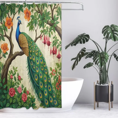 Vista 21 de MNSRUU Fabric Shower Curtain, Flowers and Butterflies Pink Waterproof Polyester Curtains with Hooks for Home Bathroom Decorative
