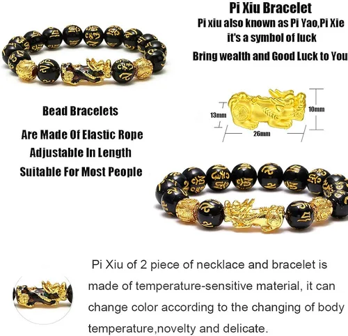 Vista 3 de SOOWOOT Feng Shui Pulsera Collar-Pi Xiu Negro Obsidian Riqueza Pulsera de Buena Suerte Pi Yao Attract Wealth Money Collar Set para Mujeres Hombres