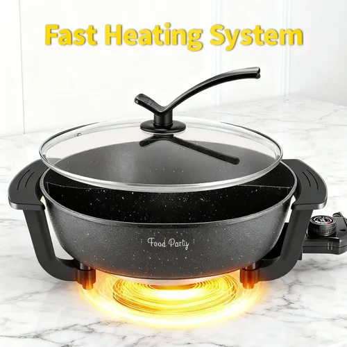 Vista 4 de Food Party Olla Caliente Eléctrica con Divisor Hotpot Olla Eléctrica Hopot Cocinador Shabu Shabu Olla 110V 1200W Antiadherente 6-Quart Libre de BPA